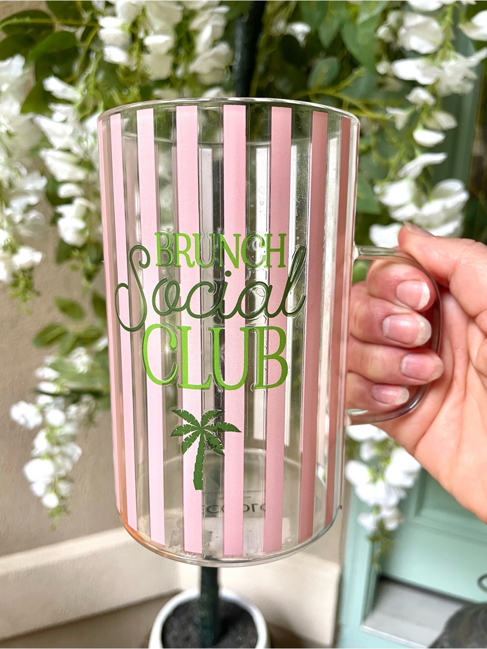 Eccolo Pink Stripe Brunch Social Club palm tree glass Mug (some ware on side)